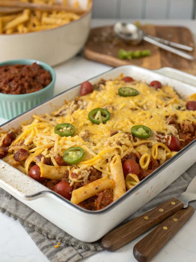 Loaded Chili Cheese Dog Pasta Bake